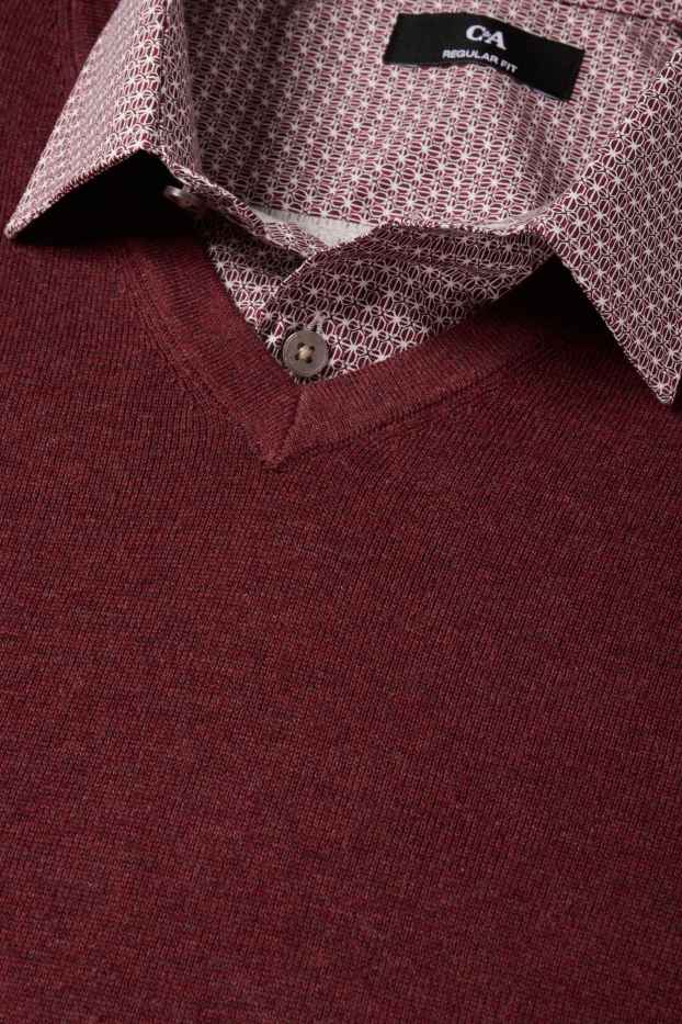 Bărbați - Set - pulover cu decolteu în V și cămașă office - 2 piese - vișiniu