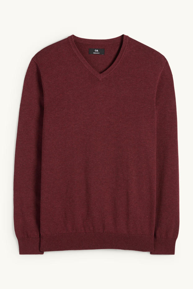 Bărbați - Set - pulover cu decolteu în V și cămașă office - 2 piese - vișiniu