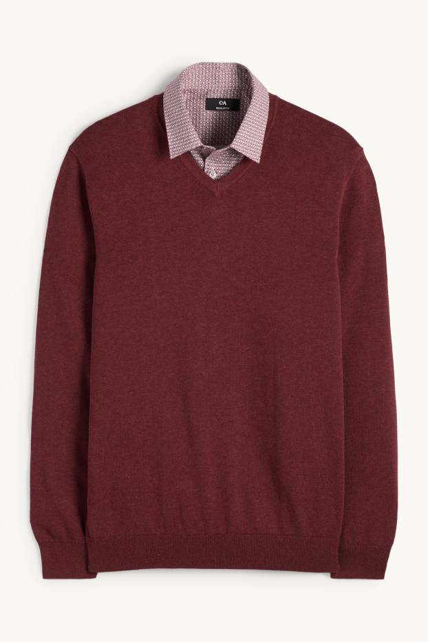 Bărbați - Set - pulover cu decolteu în V și cămașă office - 2 piese - vișiniu