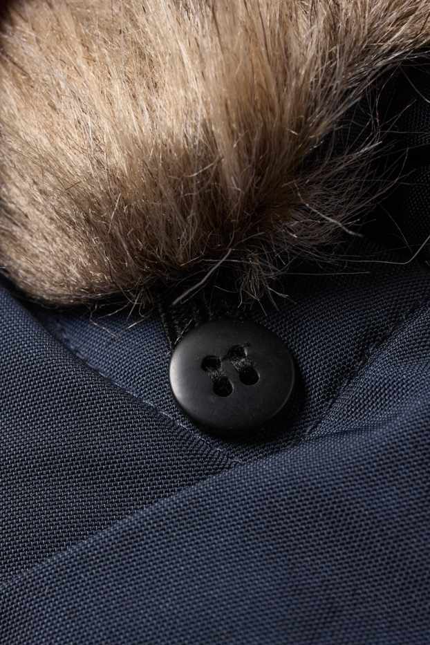 Kinderen: jongens - Regenjas met capuchon en imitatiebontrandje - gevoerd - donkerblauw