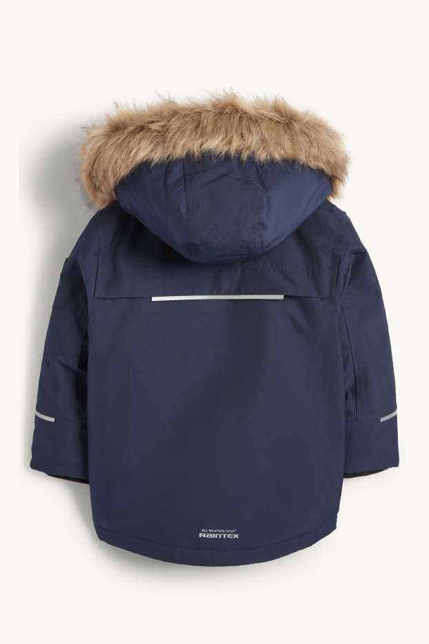 Kinderen: jongens - Regenjas met capuchon en imitatiebontrandje - gevoerd - donkerblauw