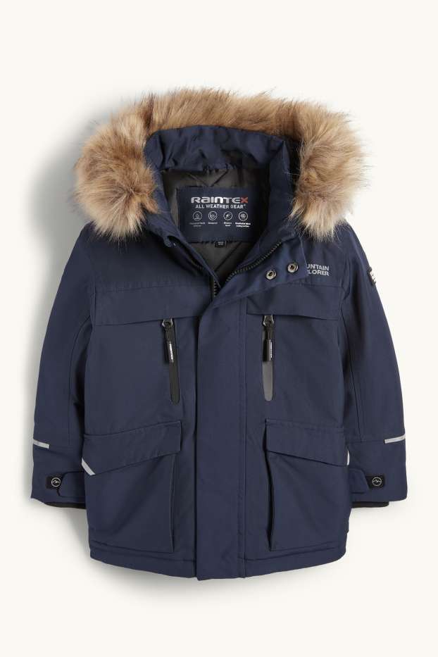 Kinderen: jongens - Regenjas met capuchon en imitatiebontrandje - gevoerd - donkerblauw