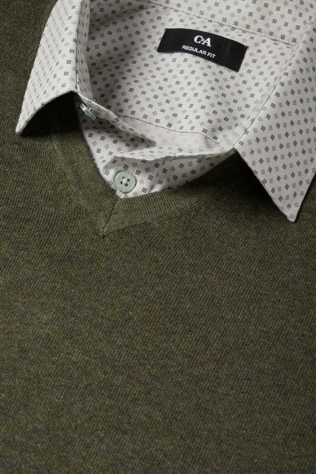 Herren - Set - Pullover mit V-Ausschnitt und Businesshemd - 2 teilig - dunkelgrün