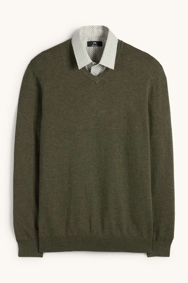 Herren - Set - Pullover mit V-Ausschnitt und Businesshemd - 2 teilig - dunkelgrün