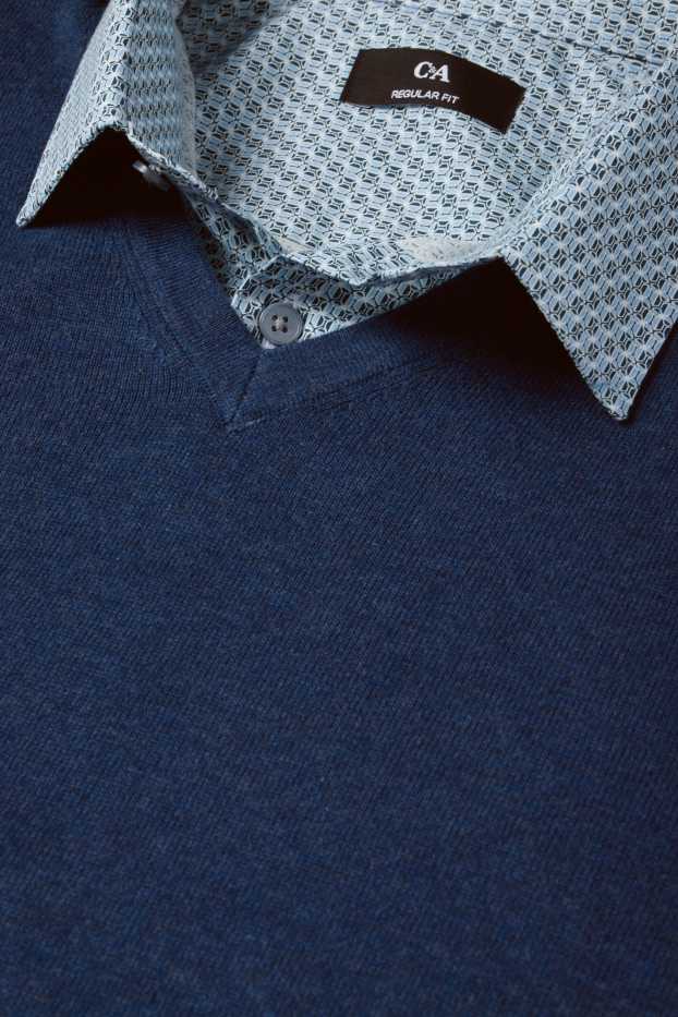 Bărbați - Set - pulover cu decolteu în V și cămașă office - 2 piese - albastru închis