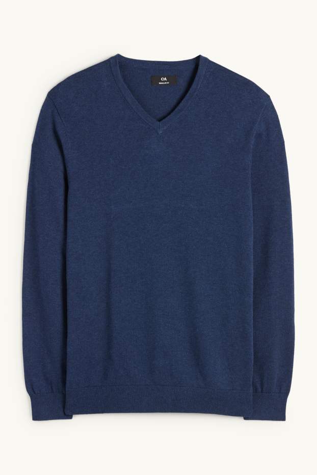 Bărbați - Set - pulover cu decolteu în V și cămașă office - 2 piese - albastru închis