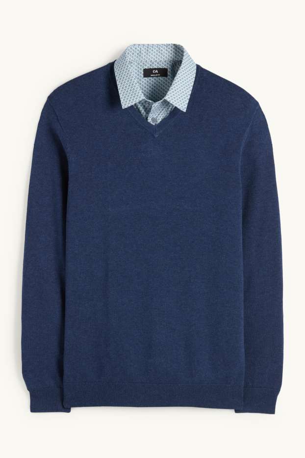 Bărbați - Set - pulover cu decolteu în V și cămașă office - 2 piese - albastru închis