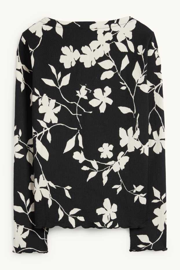 Women - Long sleeve top - regular fit - floral - textured - black / white