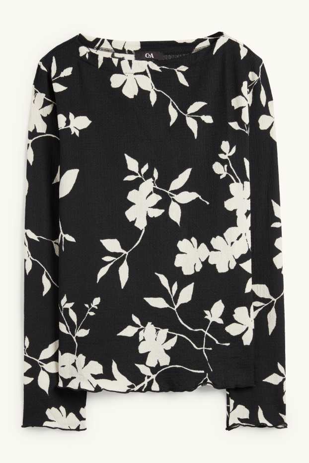 Women - Long sleeve top - regular fit - floral - textured - black / white