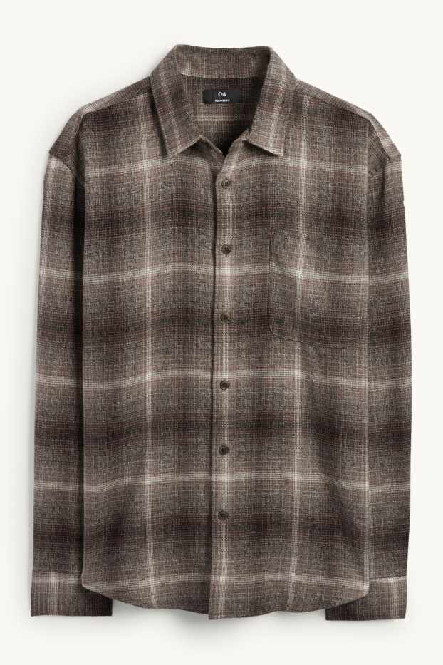 Mężczyźni - Koszula flanelowa - relaxed fit - kołnierzyk kent - w kratę - brązowy