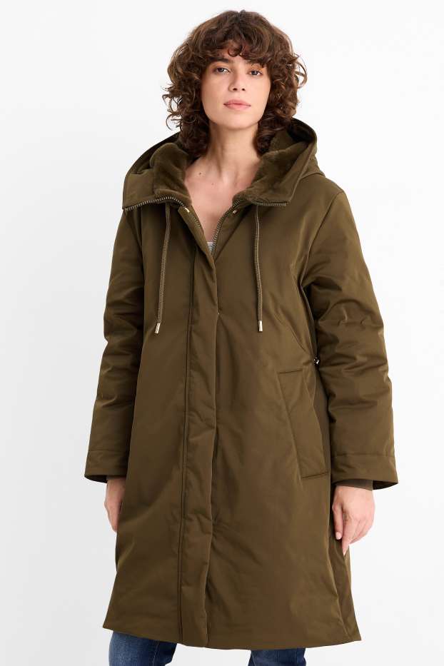 Women - Coat with hood - lined - water-repellent - khaki