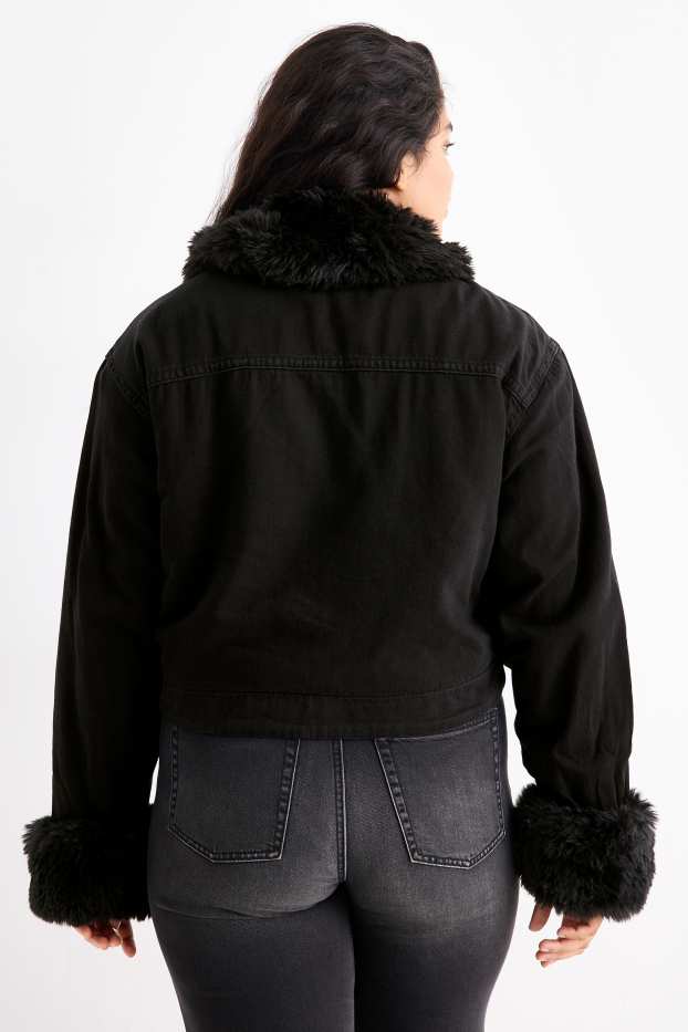 Dámské - Džínová bunda s detaily z umělé kožešiny - s výplní - černá