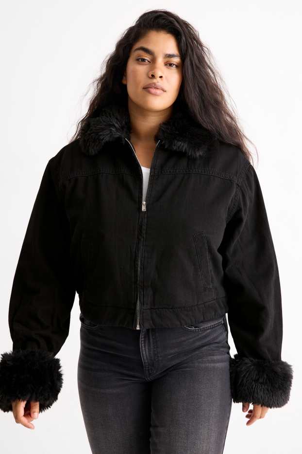 Dámské - Džínová bunda s detaily z umělé kožešiny - s výplní - černá