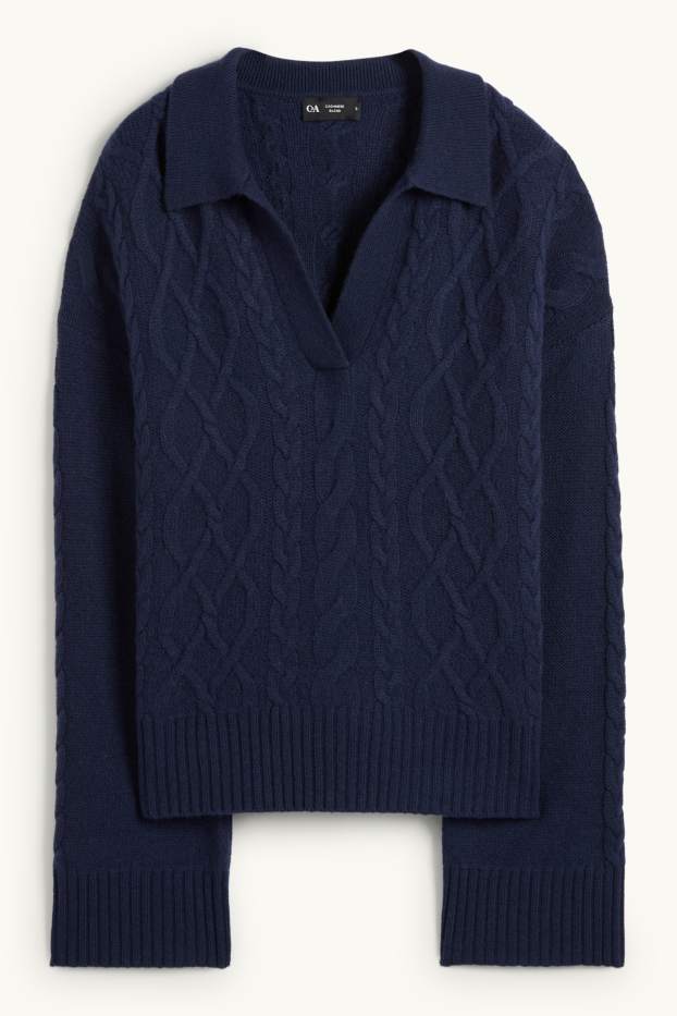 Damen - Pullover mit V-Ausschnitt und Kaschmir-Anteil - Woll-Mix - dunkelblau