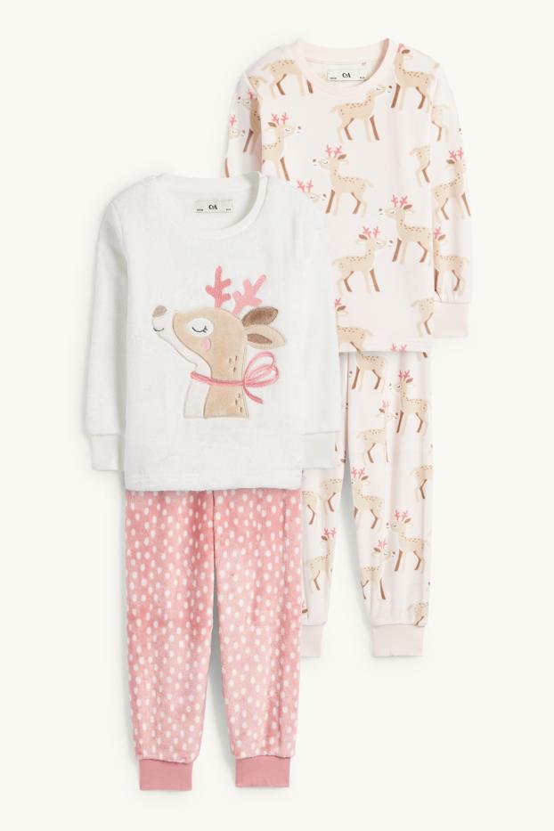 Enfants filles - Lot de 2 - cerf - pyjama d’hiver - 4 pièces - blanc crème