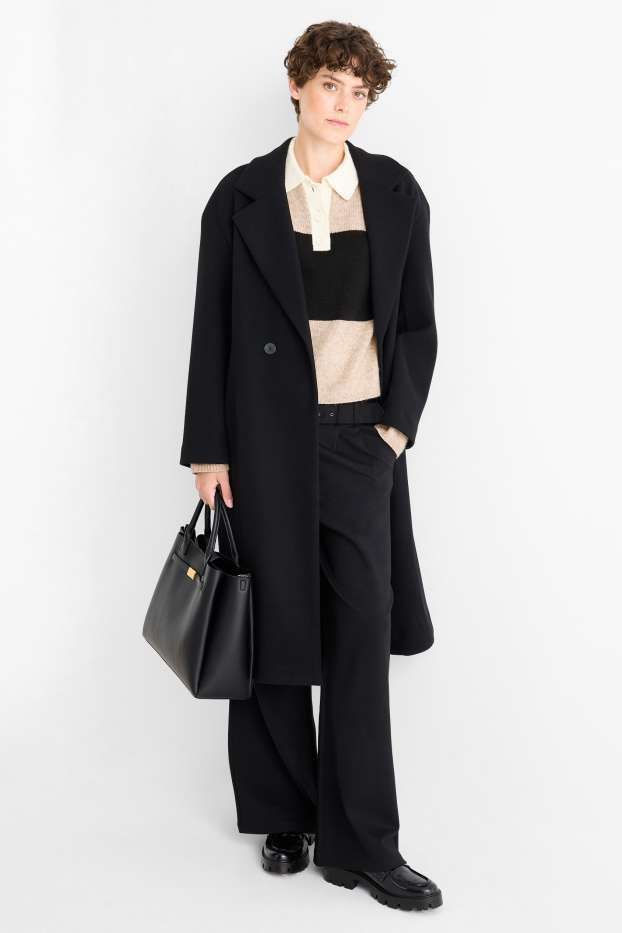 Dámské - Žerzejové kalhoty s páskem - high waist - wide leg - černá