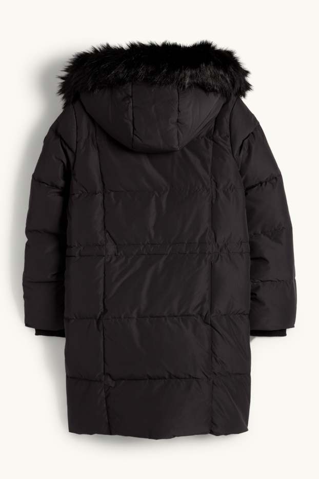 Kinder Mädchen - Daunenjacke mit Kapuze und Kunstfellbesatz - schwarz