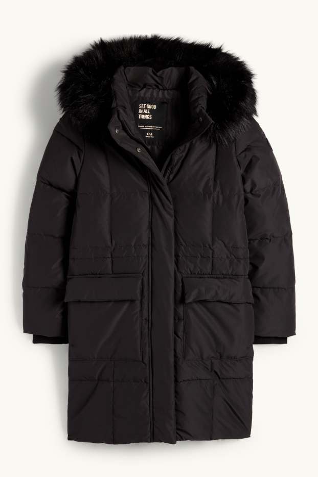 Kinder Mädchen - Daunenjacke mit Kapuze und Kunstfellbesatz - schwarz