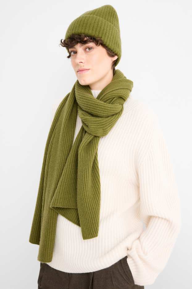 Dámské - Kašmírová čepice beanie - žebrovaná - zelená