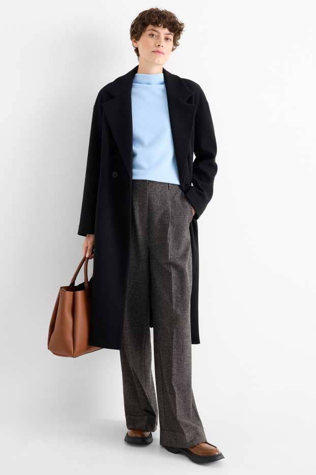 Dames - Pantalon - high waist - wide leg - met structuur - donkergrijs