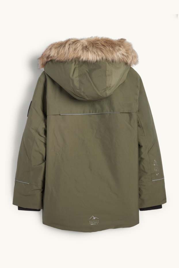 Kinderen: jongens - Regenjas met capuchon en imitatiebontrandje - gevoerd - kaki