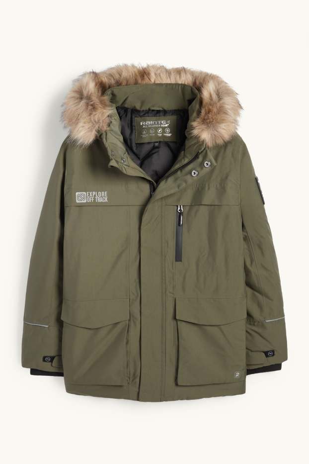 Kinderen: jongens - Regenjas met capuchon en imitatiebontrandje - gevoerd - kaki