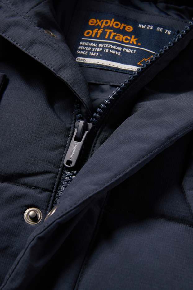 Enfants garçons - Doudoune en duvet avec capuche et garniture en imitation fourrure - bleu foncé