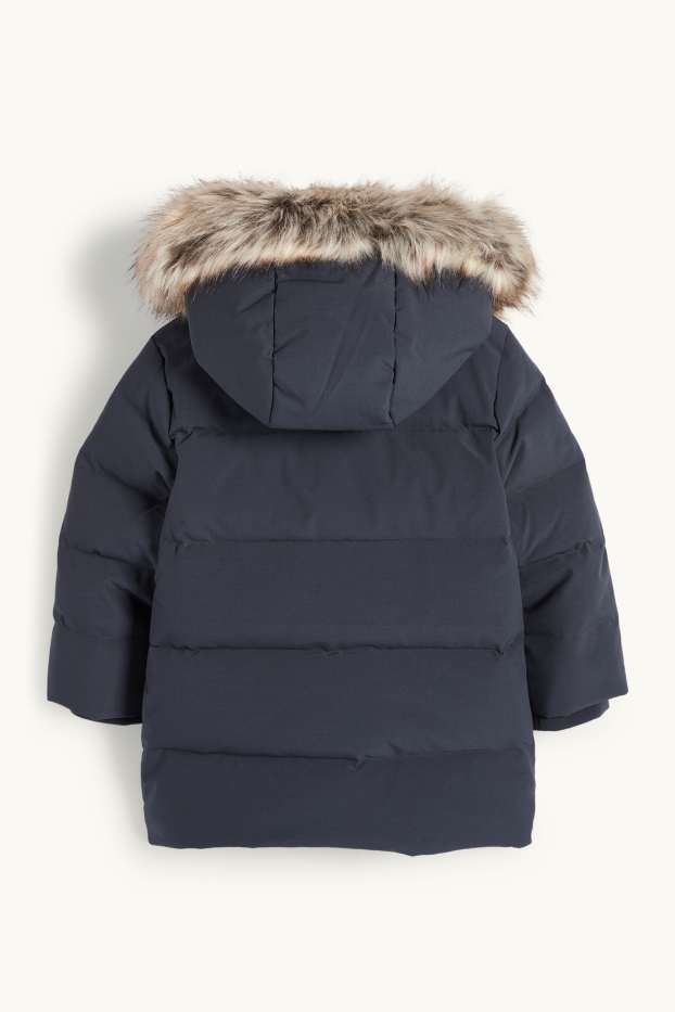 Enfants garçons - Doudoune en duvet avec capuche et garniture en imitation fourrure - bleu foncé