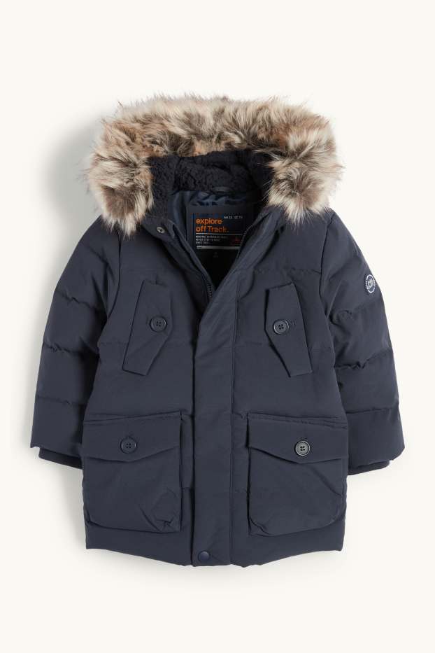 Enfants garçons - Doudoune en duvet avec capuche et garniture en imitation fourrure - bleu foncé