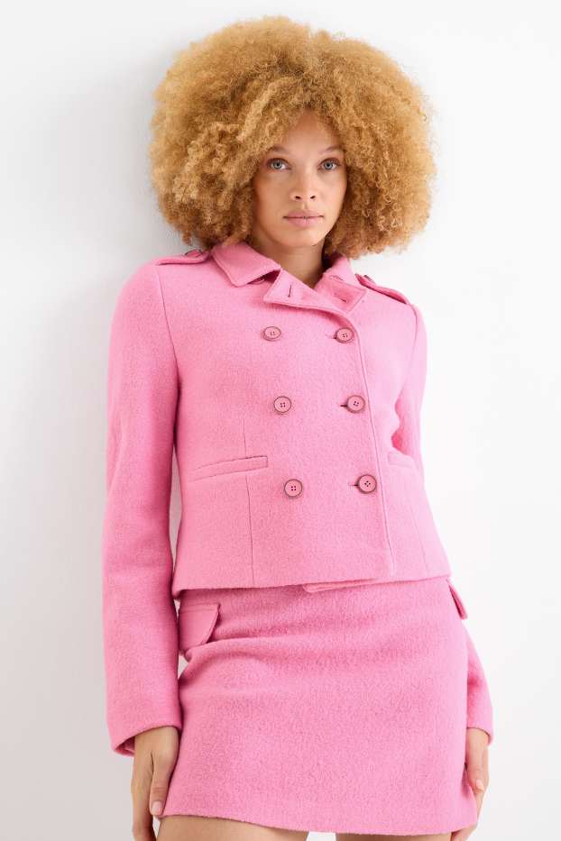 Femmes - Blazer de bureau en finition bouclé - regular fit - laine mélangée - rose