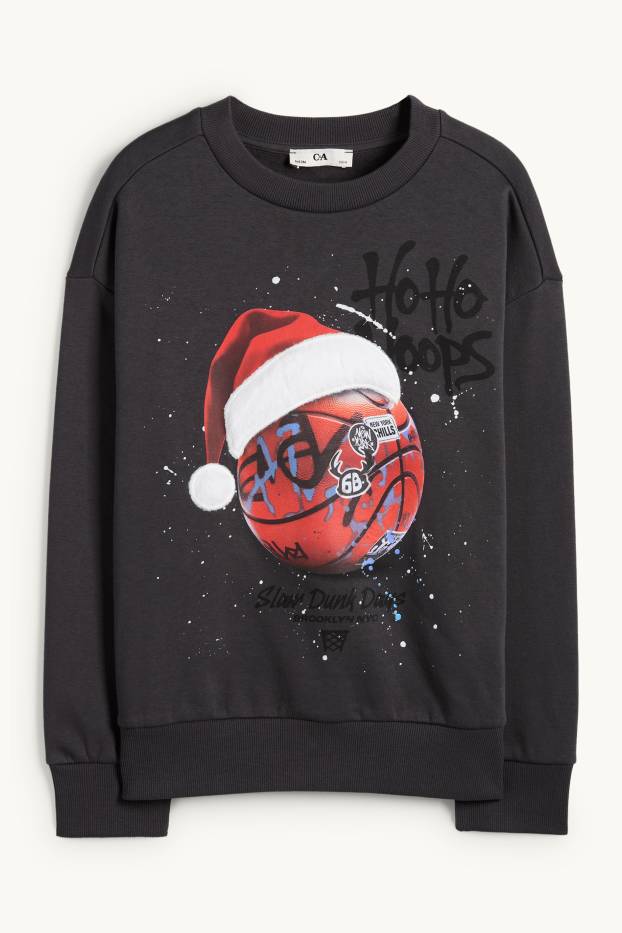 Copii - Băieți - Minge de baschet - bluză de molton cu motive de Crăciun - gri închis
