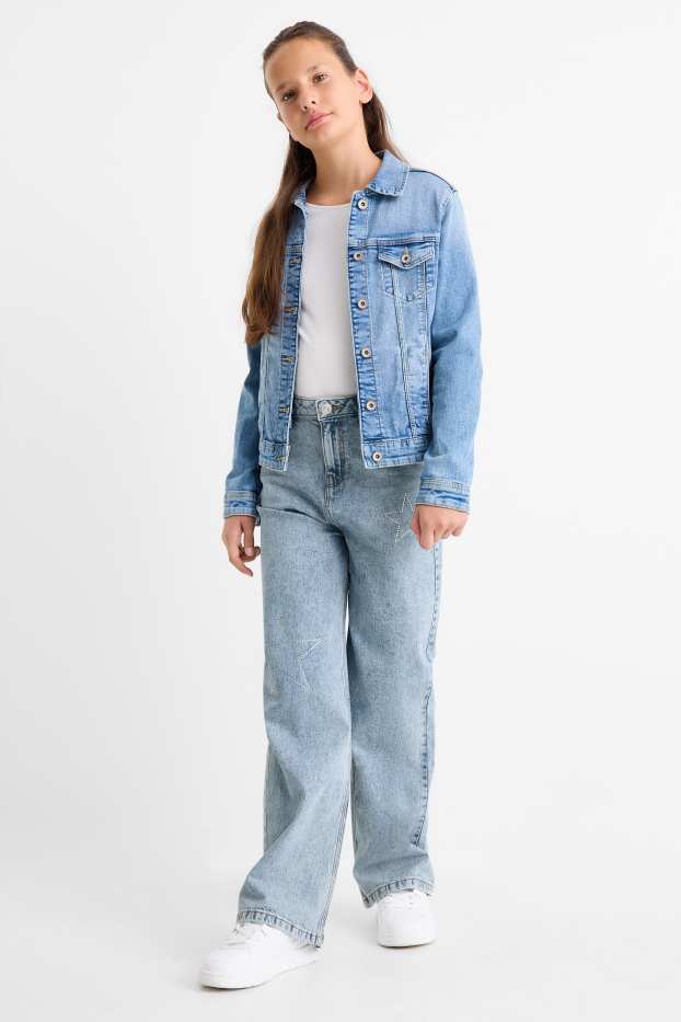 Copii - Fete - Stea - wide leg jeans cu ștrasuri - denim-albastru deschis