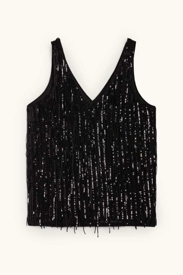 Dames - Top met V-hals en pailletten - zwart