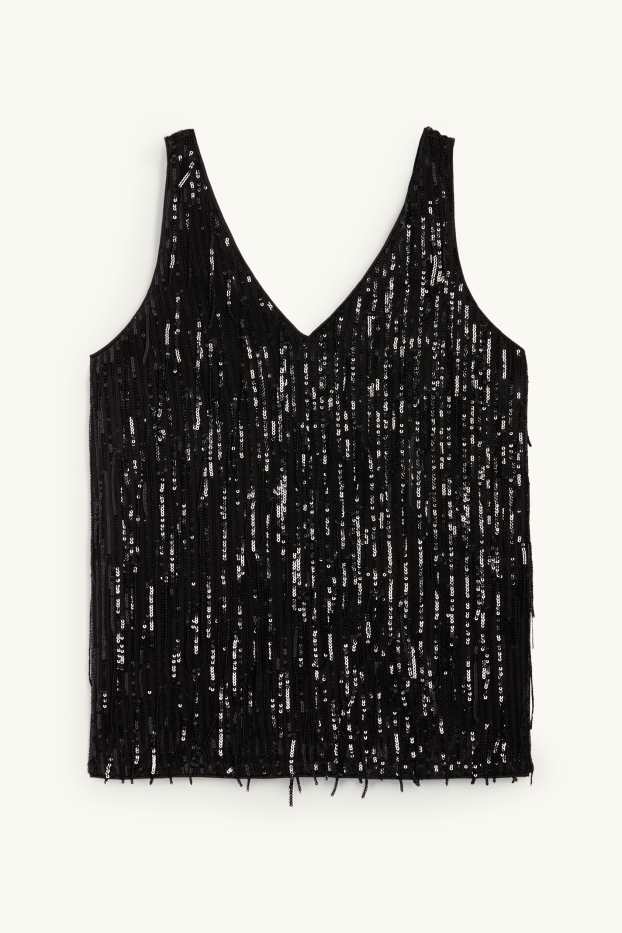 Dames - Top met V-hals en pailletten - zwart
