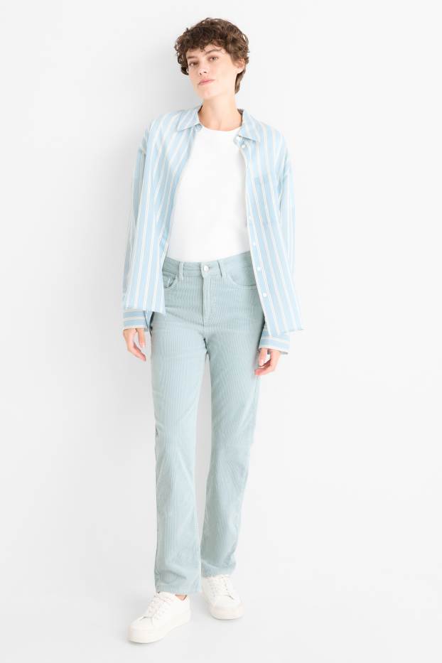 Dámské - Manšestrové kalhoty - high waist - straight fit - světle modrá