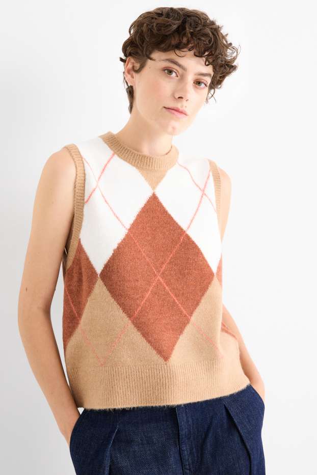 Dames - Spencer - geruit - beige