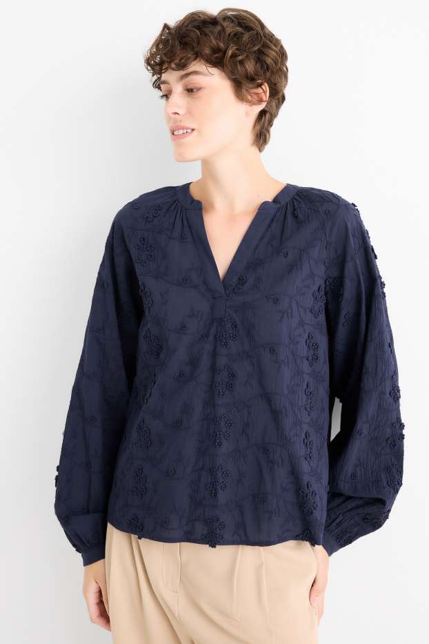 Dames - Blouse met V-hals - donkerblauw