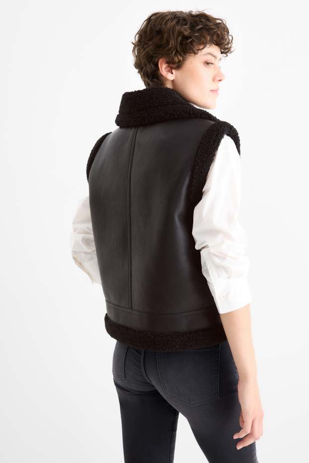 Damen - Faux Shearling Weste - Lederimitat - schwarz