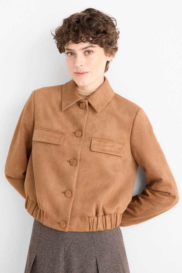 Damen - Crop Blazer - Velourslederimitat - beige