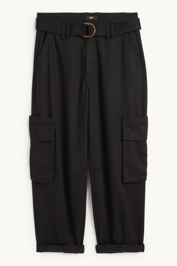 Femmes - Pantalon cargo à ceinture - high waist - tapered fit - noir