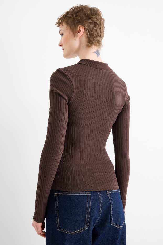 Femmes - Polo - slim fit - finition côtelée - marron foncé