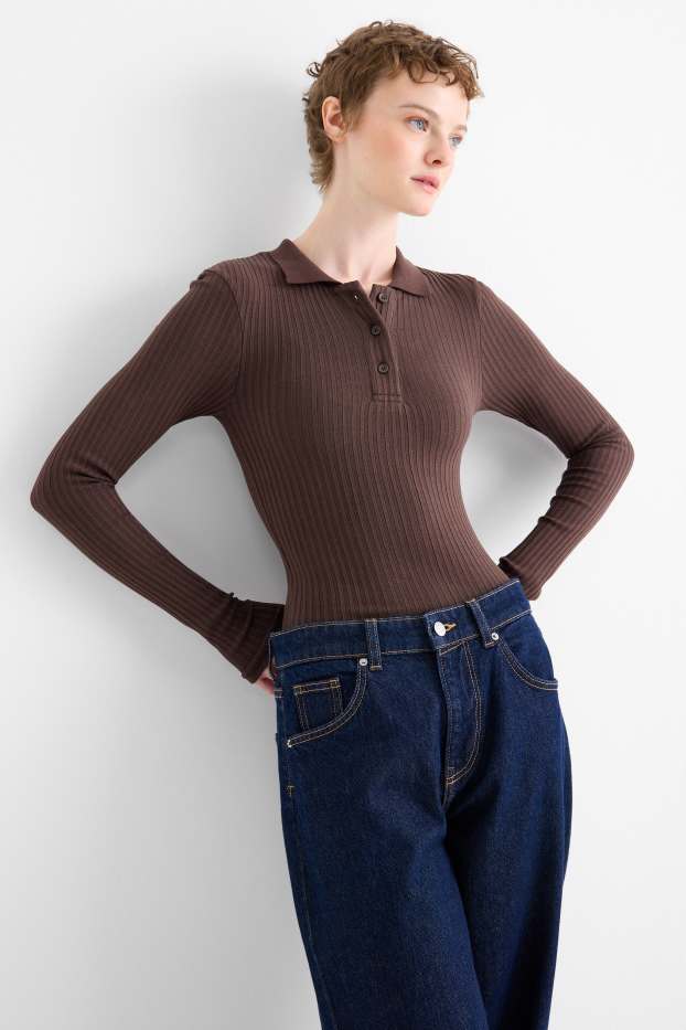 Femmes - Polo - slim fit - finition côtelée - marron foncé