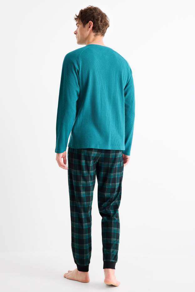 Heren - Pyjama met flanellen broek - donkerturquoise