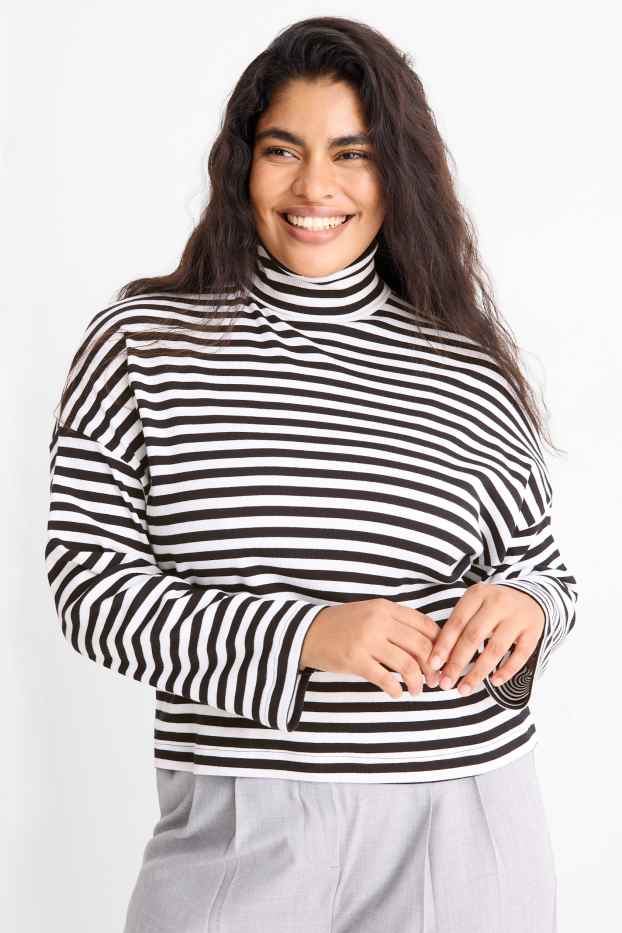 Dames - Shirt met rolkraagje - ribstof - met strepen - zwart / wit