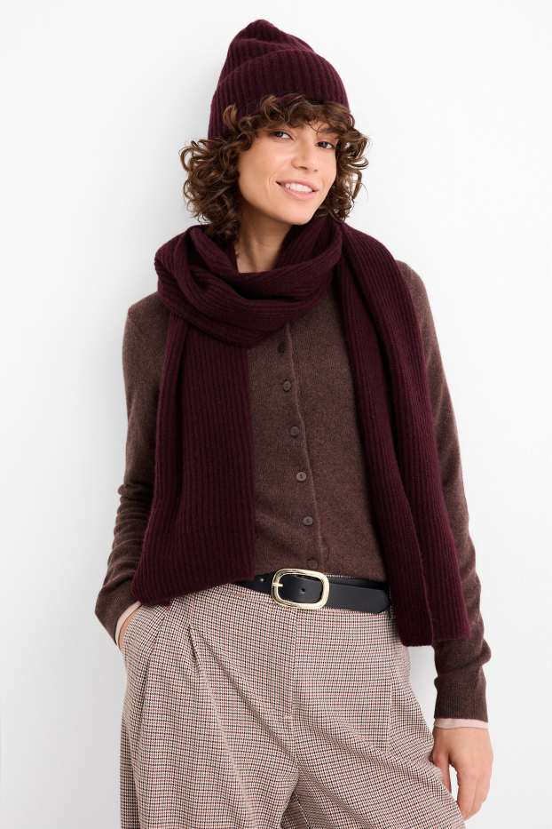 Femmes - Beanie en cachemire - finition côtelée - bordeaux