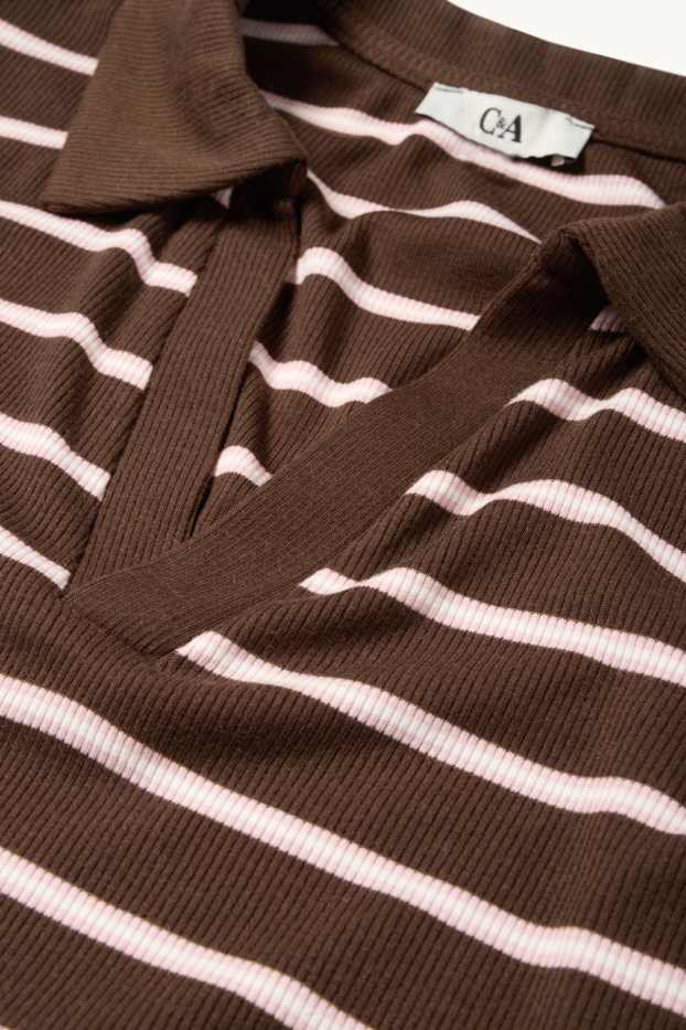 Donna - Polo corta - slim fit - a coste - a righe - marrone scuro