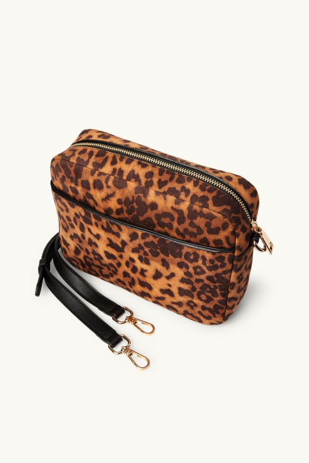 Damen - Umhängetasche mit abnehmbarem Taschengurt - Leo-Print - schwarz / beige