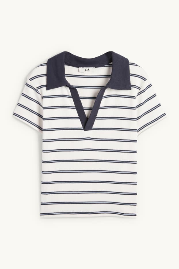 Donna - Polo corta - slim fit - a coste - a righe - blu / bianco