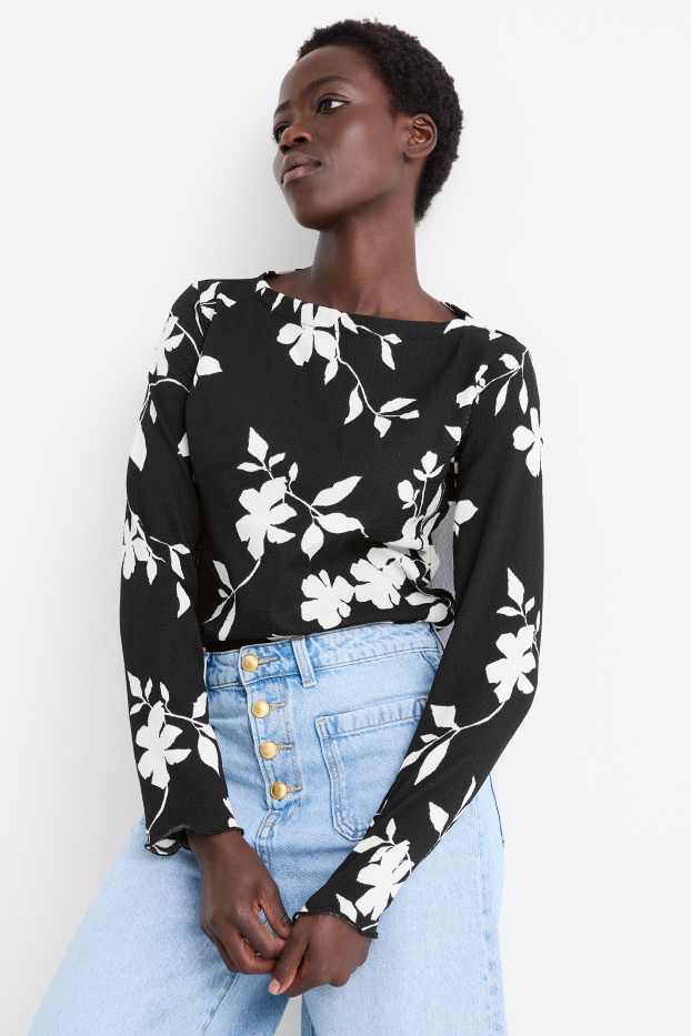 Women - Long sleeve top - regular fit - floral - textured - black / white