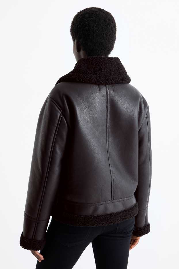 Damen - Faux Shearling Jacke - Lederimitat - schwarz